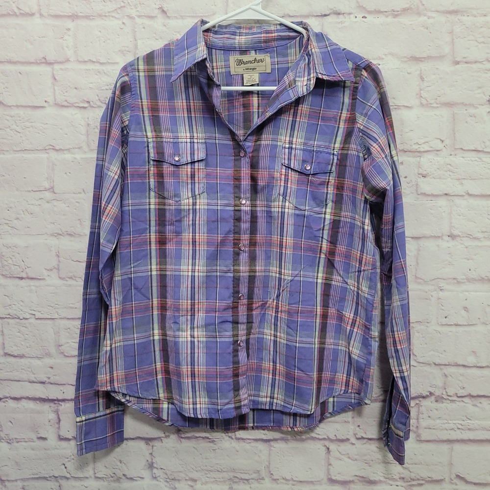 Wrangler Wrancher Purple Plaid Pearl Snap Western Shirt Womens M Cowgirl Retro